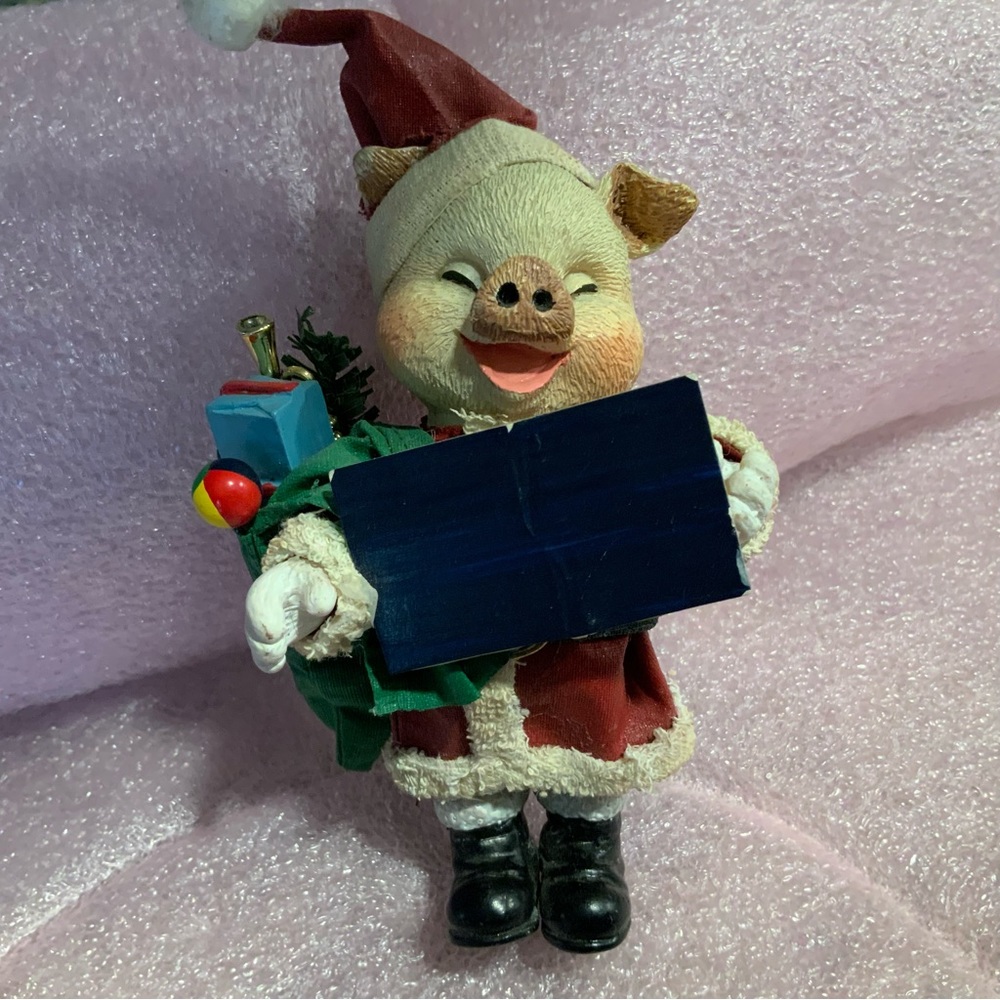 Vintage SANTA PIG with toy satchel HOLLY TREE figurine 5.5 inches tall